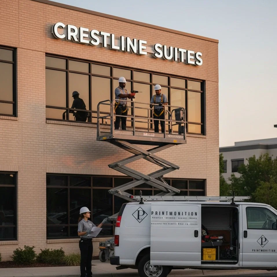 Construction workers installing the sign for Crestline Suites on a brick building, using a lift and a van with the company name 'Print Monitoring'.