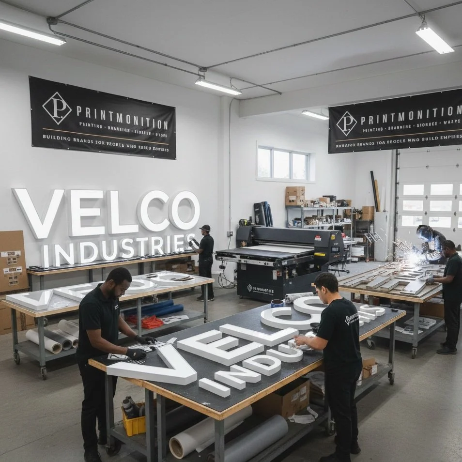 workers assembling large illuminated signs reading 'VELCO INDUSTRIES' and 'VELCO' in a workshop.