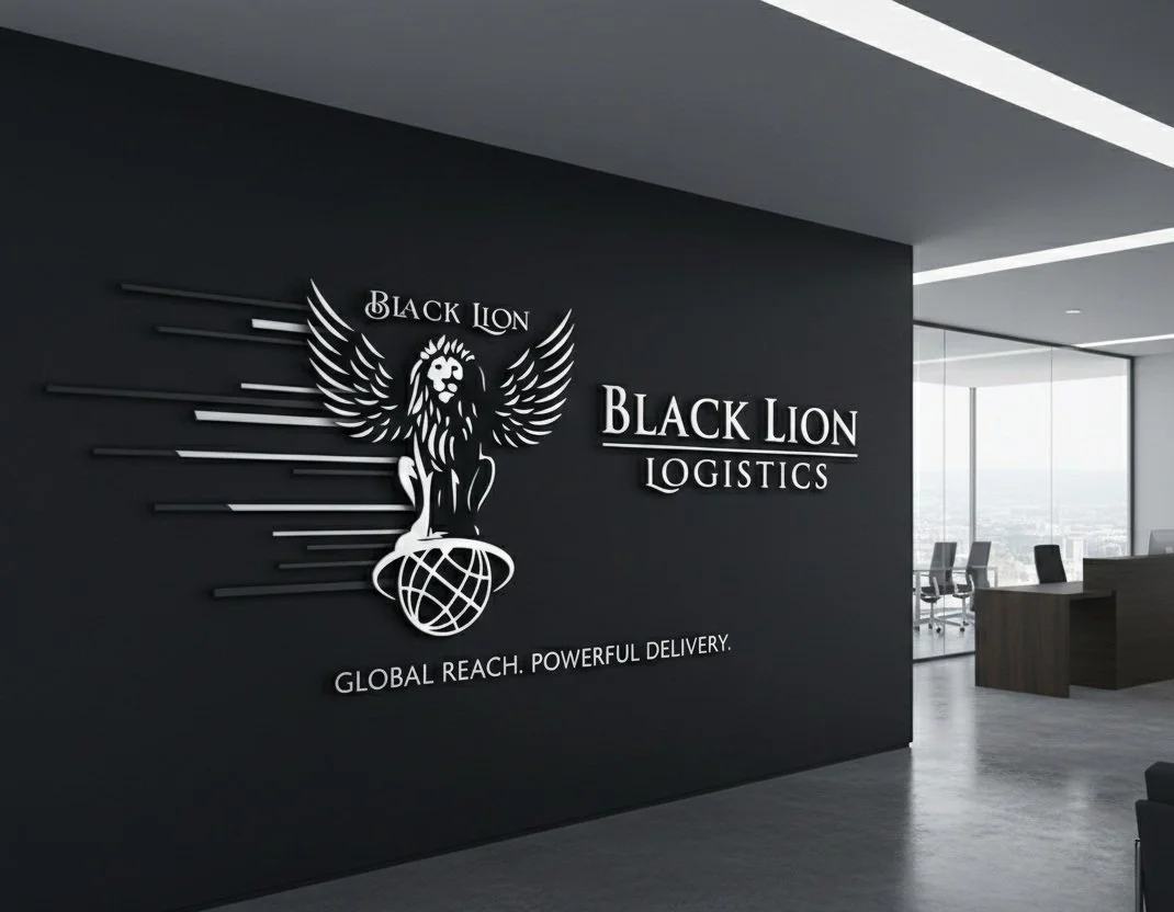 Office lobby with a black wall featuring a white logo of a lion with wings and text reading 'Black Lion Logistics' along with the tagline 'Global reach. Powerful delivery.' and a globe symbol.