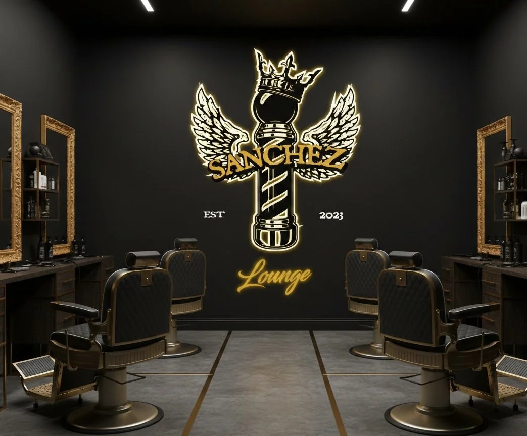 A modern men's lounge with black walls, gold-framed mirrors, barber chairs, and shelves with grooming products. A neon sign features a stylized sword with wings, a crown, and the text 'Sanchez Lounge,' established in 2023.