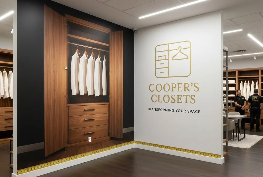 Interior view of Cooper's Closets store showing a custom closet with hanging space and drawers, a large logo on the wall, and people shopping in the background.