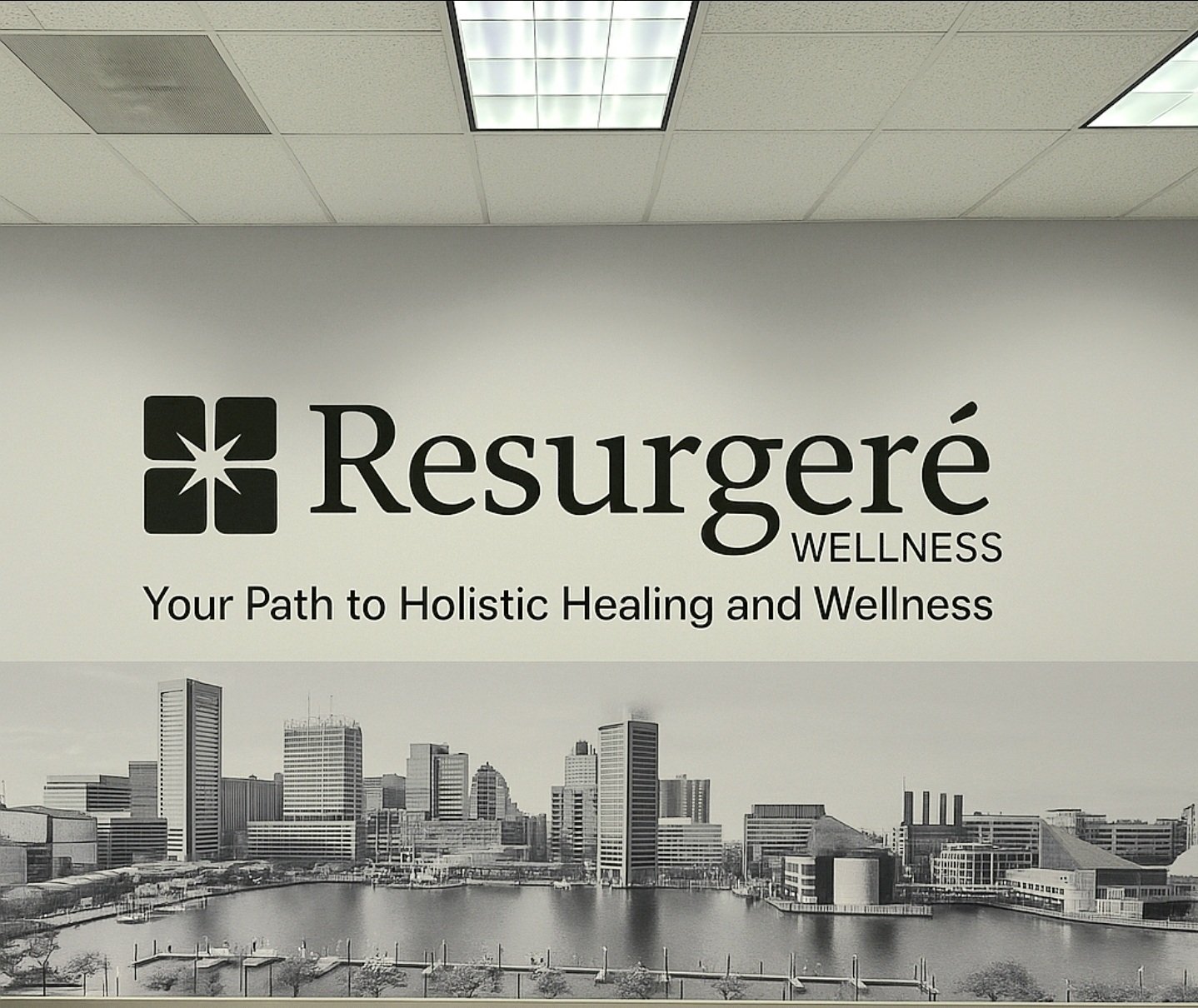Wall mural showing the logo and name 'Resurgéré Wellness' with the tagline 'Your Path to Holistic Healing and Wellness,' and a black-and-white city skyline with a river in the foreground.