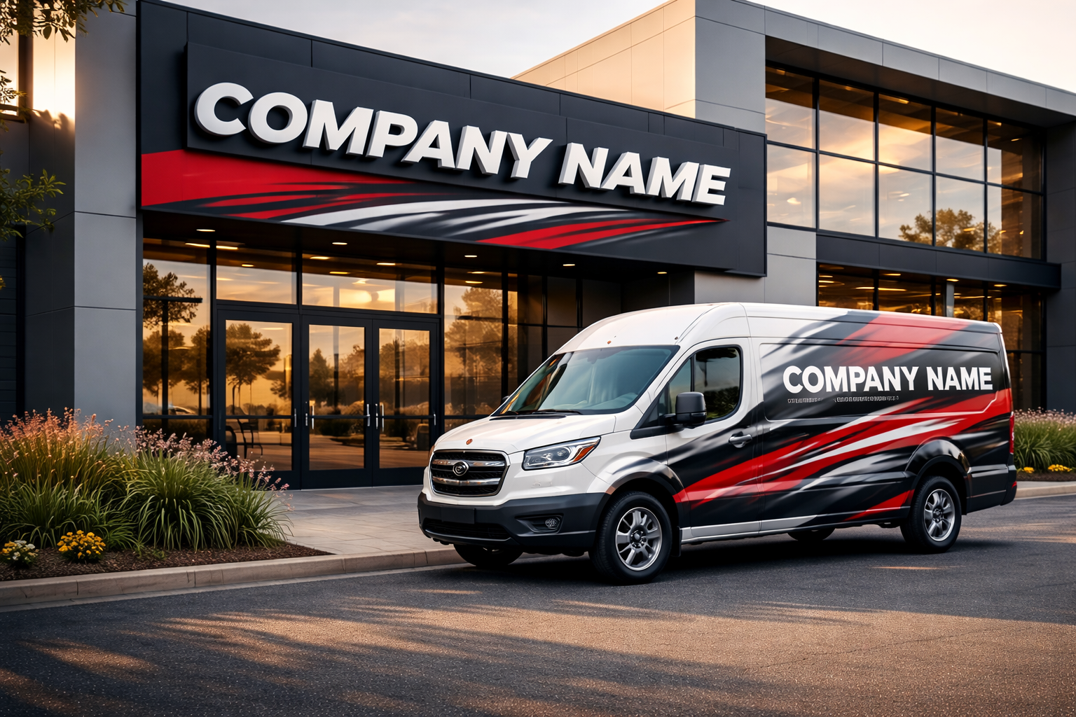 A delivery van with company branding parked in front of a modern office building with a large glass entrance after sunset.