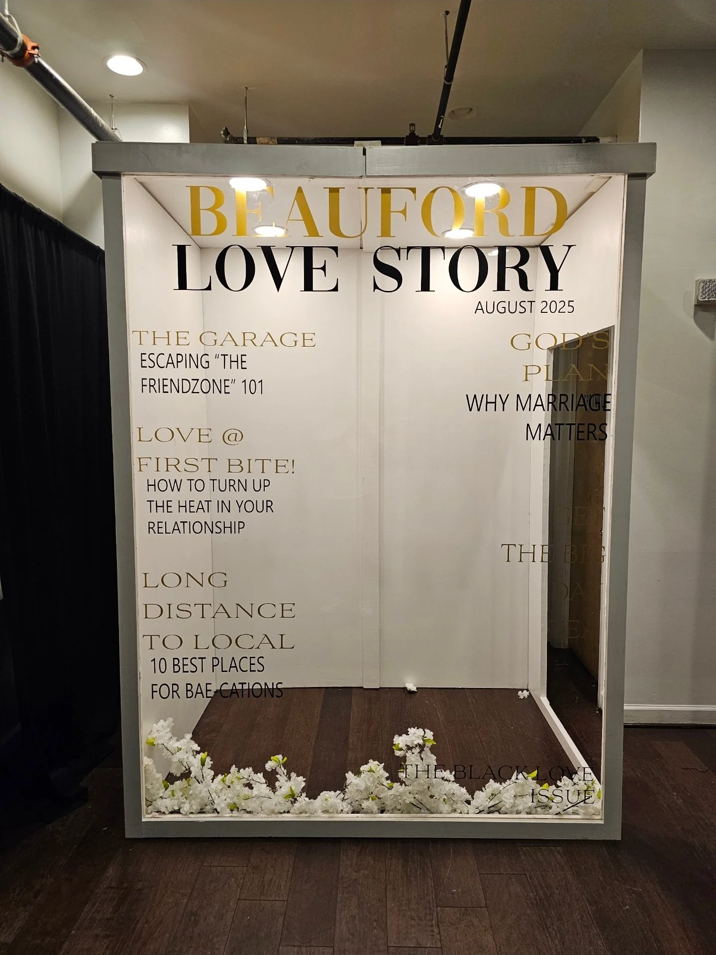 Event poster featuring the title 'BEAUFORD LOVE STORY' with the date August 2025, listing topics including escaping 'The Friendzone,' love at first bite, long-distance relationships, and marriage matters, decorated with white flowers at the bottom.