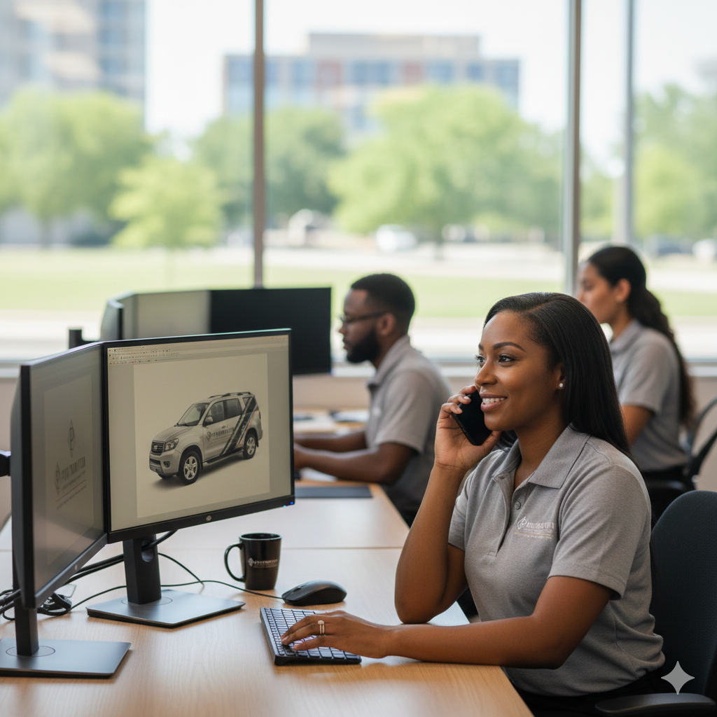 Women working at desks with dual computer monitors, one displaying a 3D model of a vehicle, in an office with large windows and a view of trees and buildings outside.