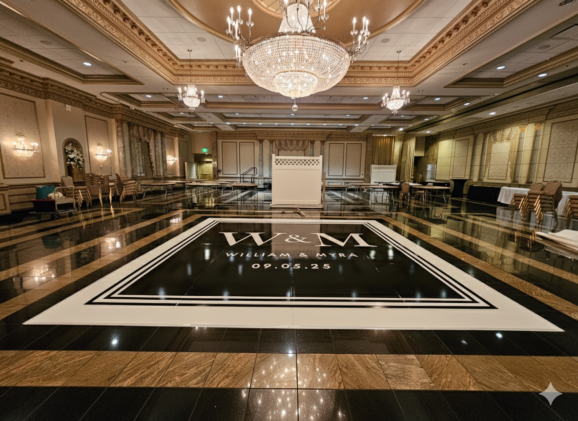 Elegant banquet hall with a large crystal chandelier, ornate ceiling moldings, and a dance floor with a black and white design featuring the initials 'W & M', the names William and Myra, and the date 09.05.25.