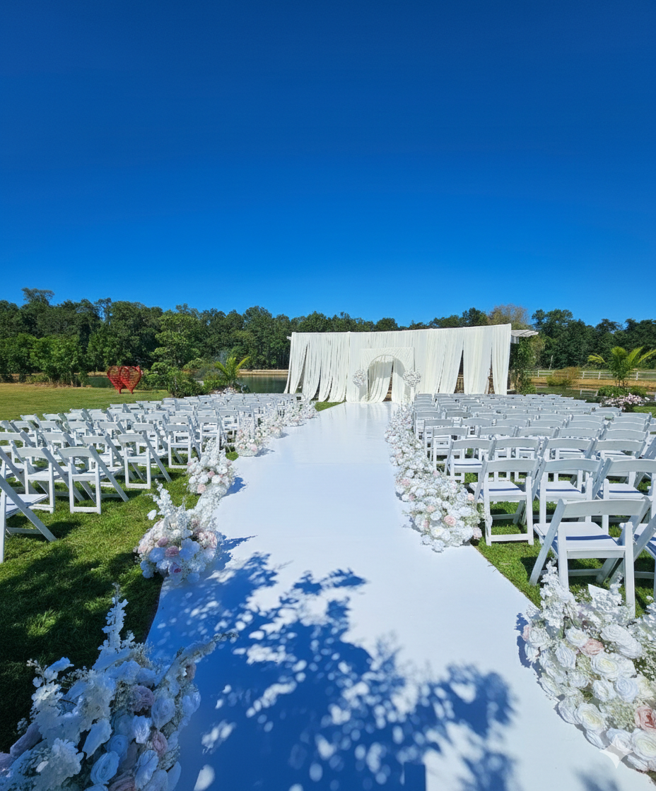 Outdoor wedding ceremony setup with white chairs on either side of a white aisle, floral arrangements along the aisle, and a white draped backdrop with an arch in the background, under a clear blue sky.