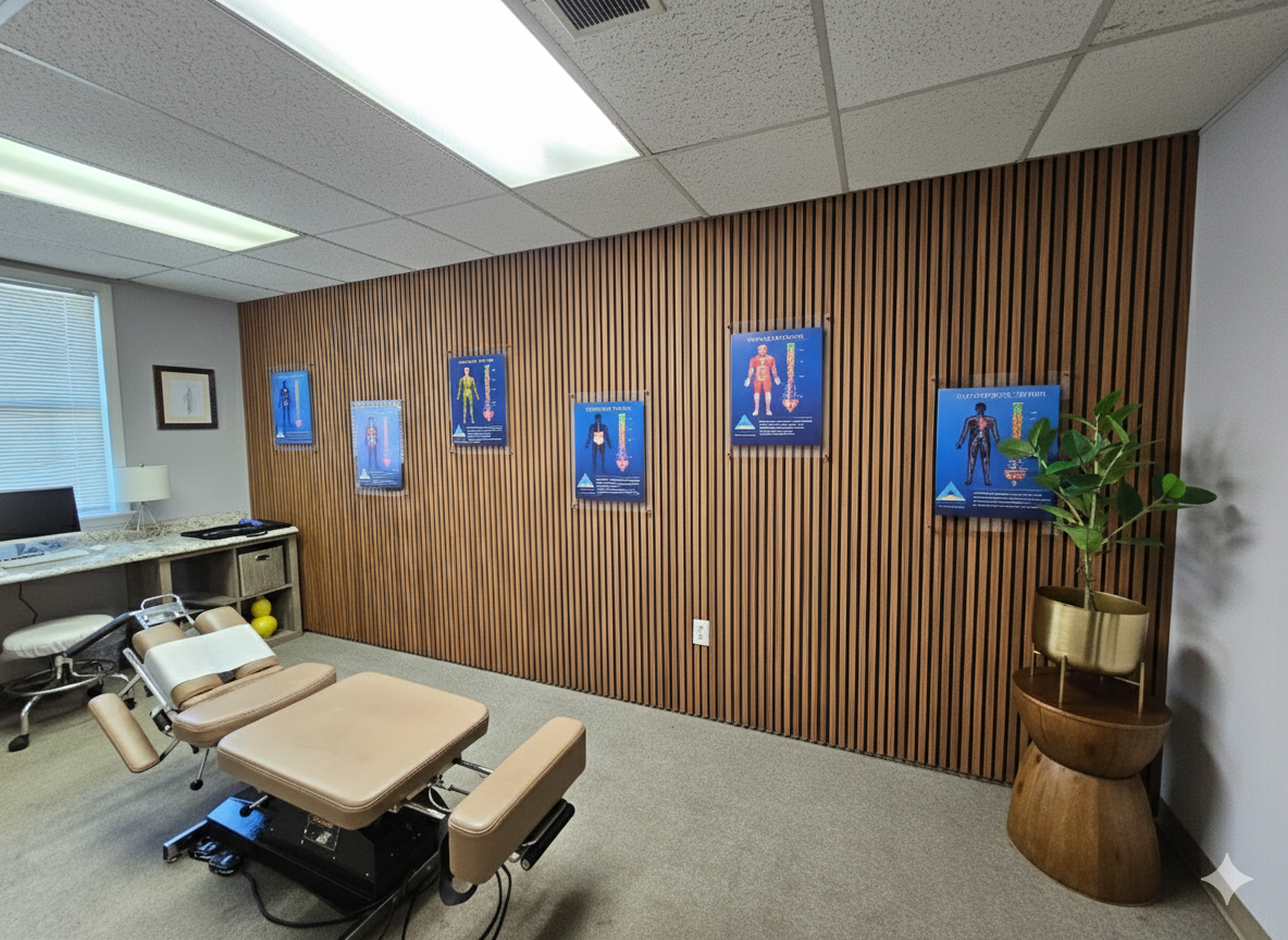 Chiropractic or medical examination room with chiropractic table, framed artwork on window, wooden accent wall with educational posters, window with blinds, and a potted plant.
