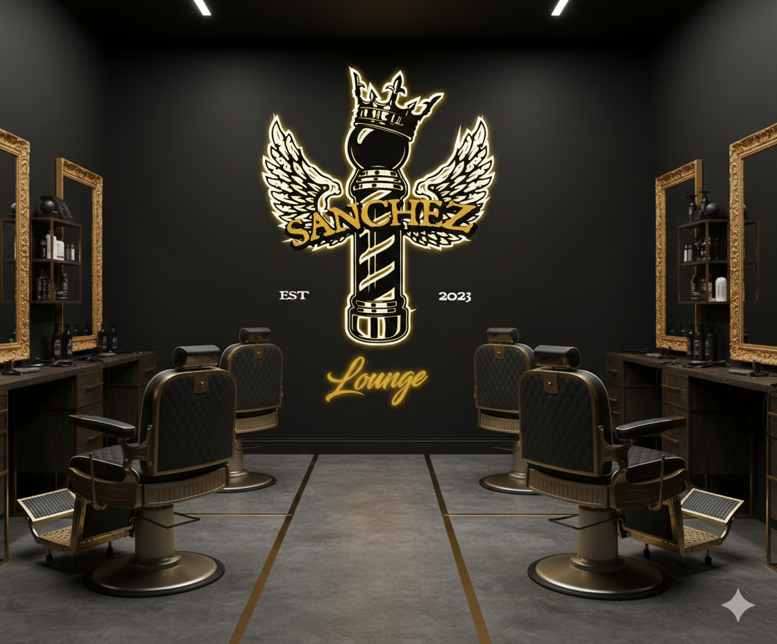 A modern barbershop interior with four black and gold barber chairs facing a dark wall. The wall features a large illuminated logo with a knight's helmet, wings, a sword, and the word 'Sanchez' in bold letters. The words 'EST 2023' and 'Lounge' are also displayed on the wall.