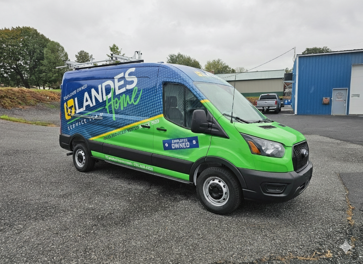 A service van for Landes Home is parked on an asphalt lot with trees and industrial buildings in the background. The van is blue and green with branding and service information.