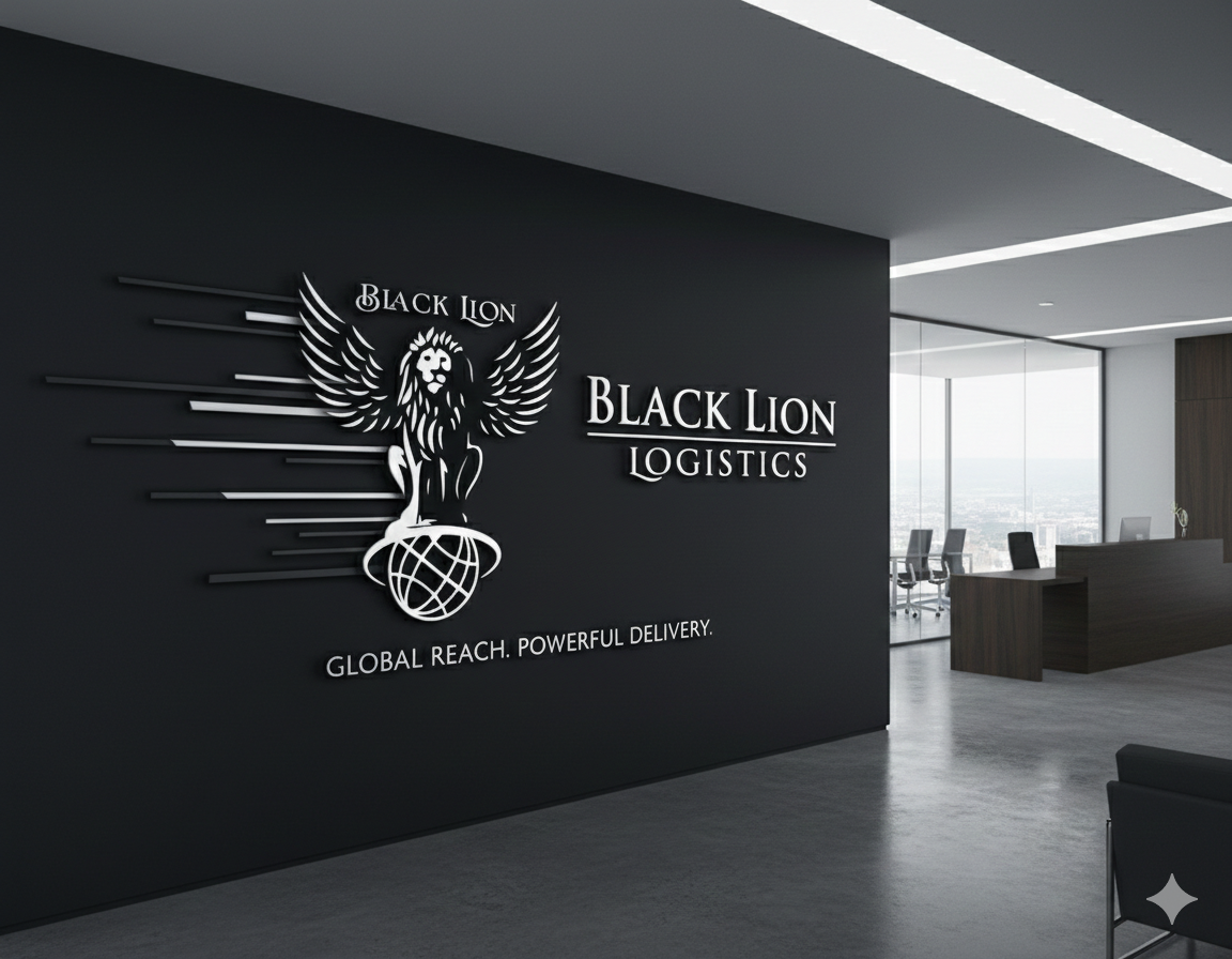 Modern office interior with a black accent wall displaying the logo and name of Black Lion Logistics, featuring a lion with wings and globe, with the slogan 'Global Reach. Powerful Delivery.'