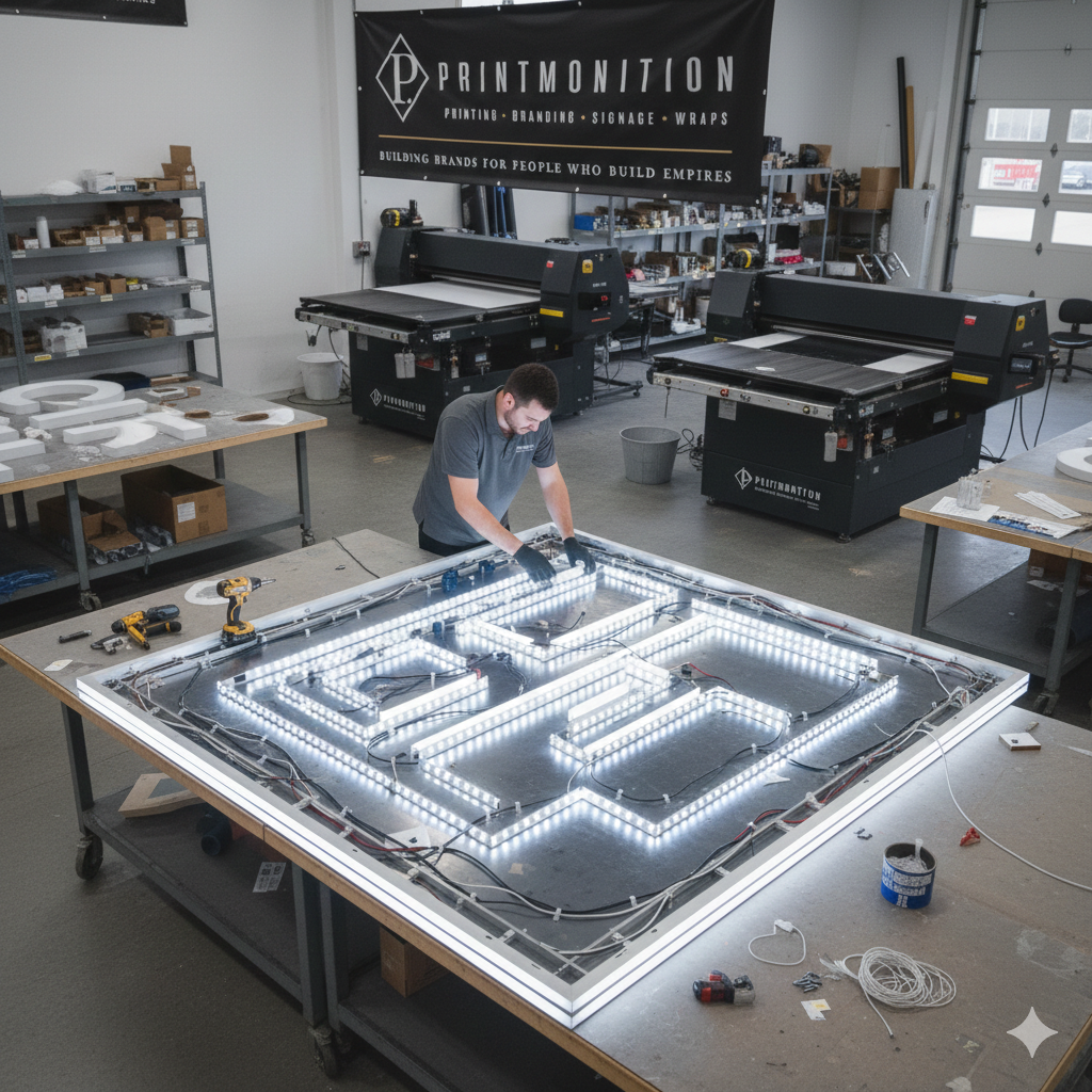 A man working on assembling a large illuminated sign with LED lights in a workshop, surrounded by tools and equipment, with printing machinery and shelving in the background.
