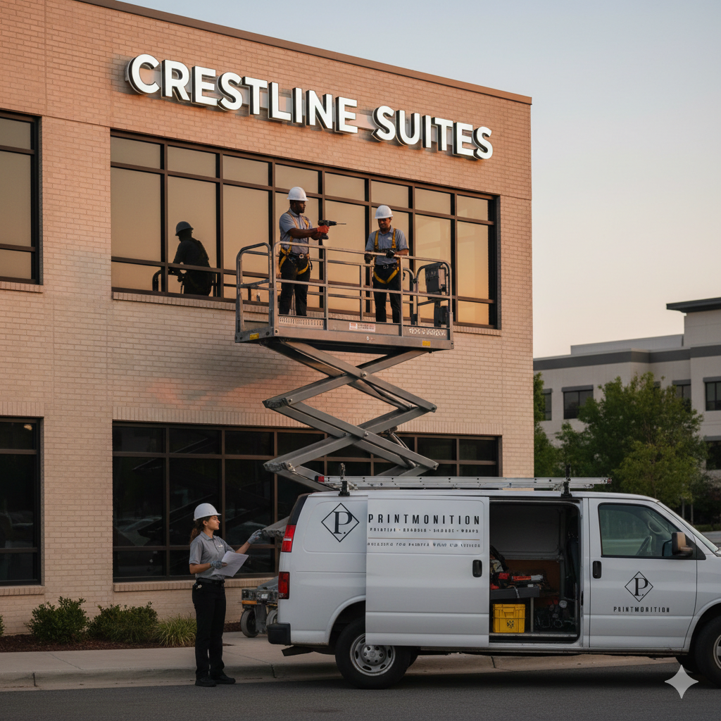 Two workers on a lift working on the exterior of a building with the sign 'Crestline Suites.' A woman stands beside a van with the company logo, overseeing or assisting the work.