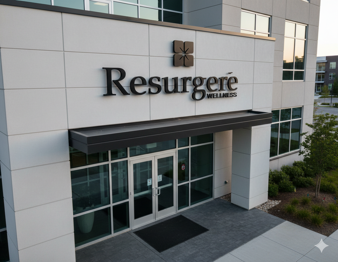 Exterior view of Resurgere Wellness, a wellness center, showing a modern building entrance with glass doors and large windows. The sign with the center's name is mounted on the white exterior wall above the entrance.