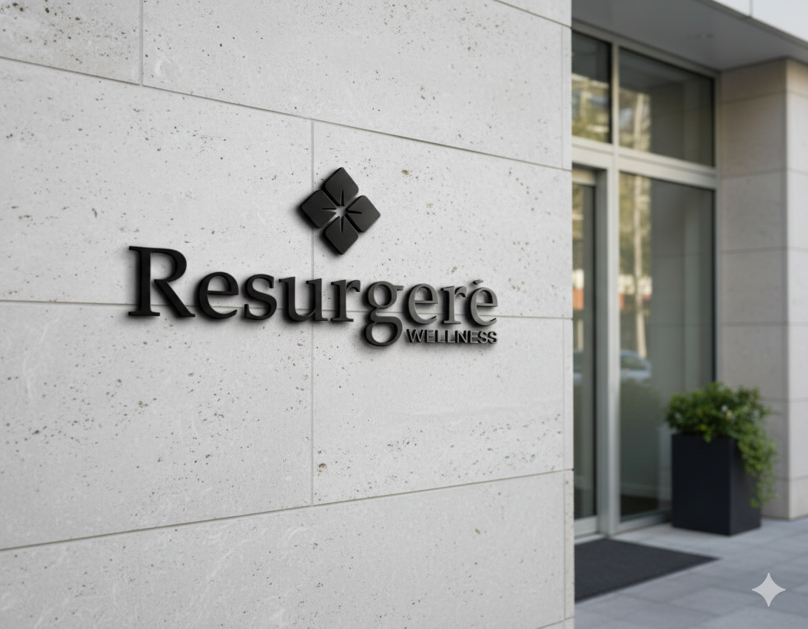 The exterior of a wellness business named 'Resurgère Wellness' with a modern logo on a light gray stone wall, and a glass door with a potted plant nearby.