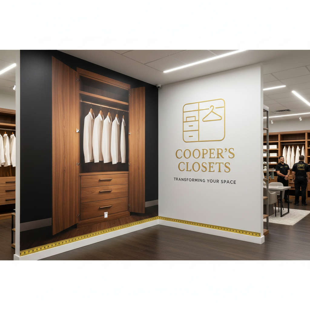 Showroom display of wooden closet with hanging shirts, logo of 'Cooper's Closets' and the tagline 'Transforming Your Space' on a white wall.