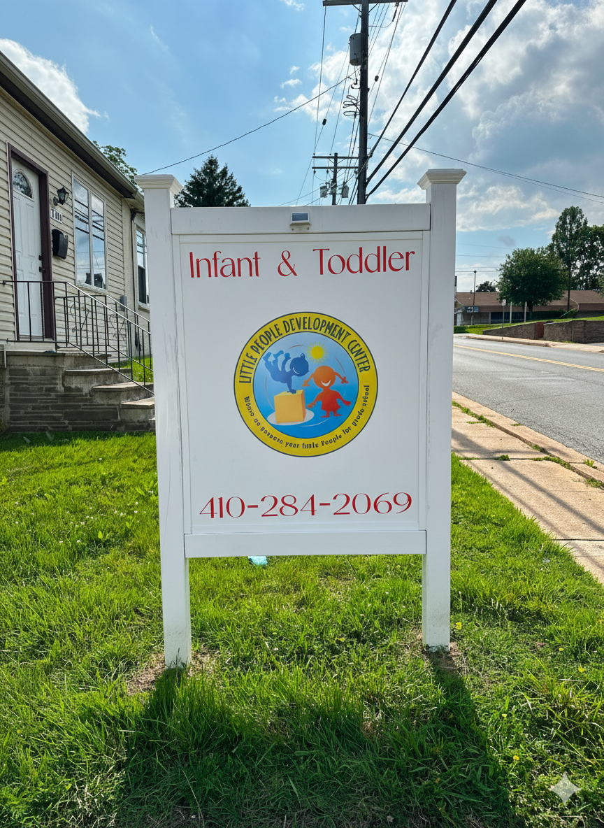 Sign for an infant and toddler development center with a logo featuring a globe, a sun, and children playing, along with a contact phone number.