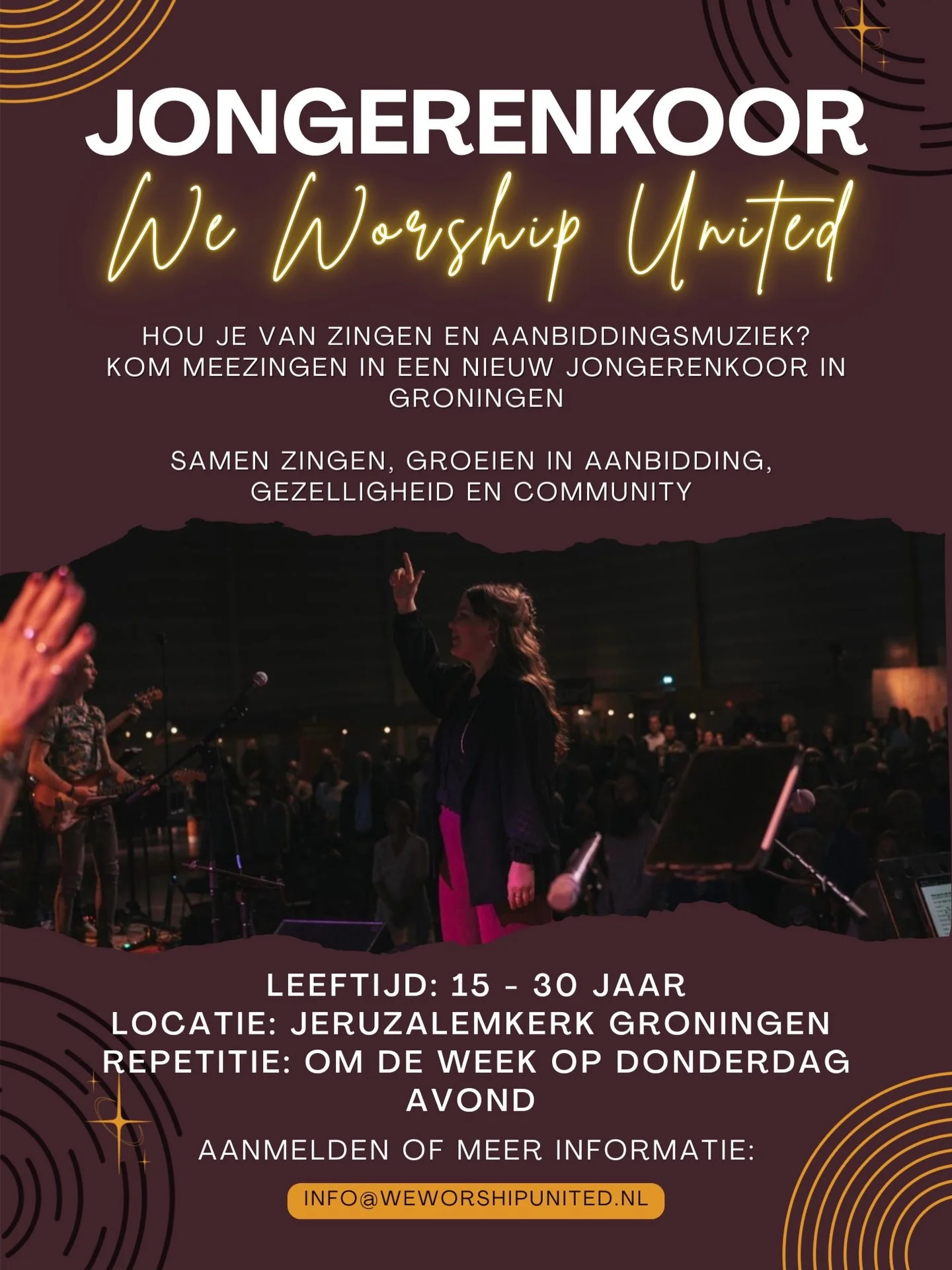 Hou je van zingen en lijkt het je mooi om samen God te aanbidden met andere jongeren? 🤍

Dan is dit iets voor jou!
We starten een jongerenkoor waarin we samen zingen, groeien en bouwen aan een fijne groep.

✨ Samen zingen
✨ Meerstemmige liederen
✨ O