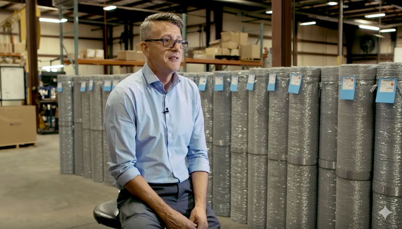 A man sitting on a stool in a warehouse surrounded by rolls of bubble wrap and shelves with boxes in the background.