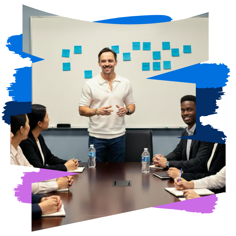A man giving a presentation or speech in a business meeting, with colleagues seated around a conference table, whiteboard with blue sticky notes in the background.