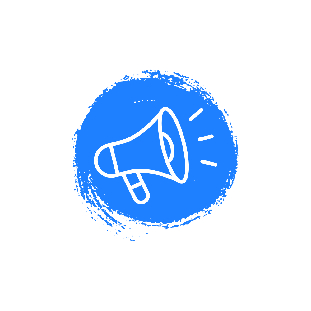 Blue circular background with a white outline of a megaphone emitting sound lines.