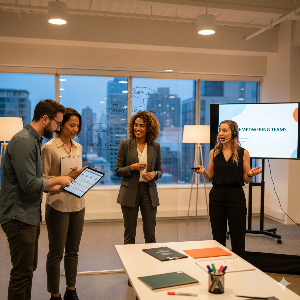 A diverse group of four people in a modern office, collaborating during a presentation on empowering teams, with a large screen and notes on a glass wall.