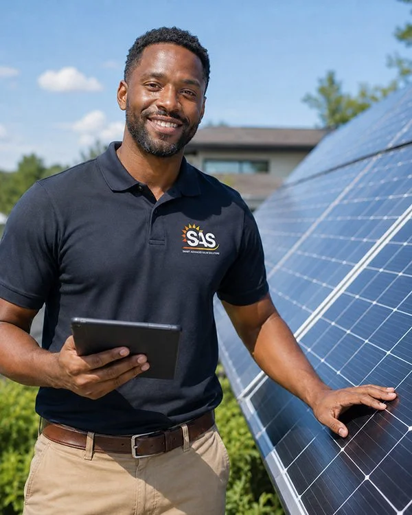 Handsome support man next to solar panel.