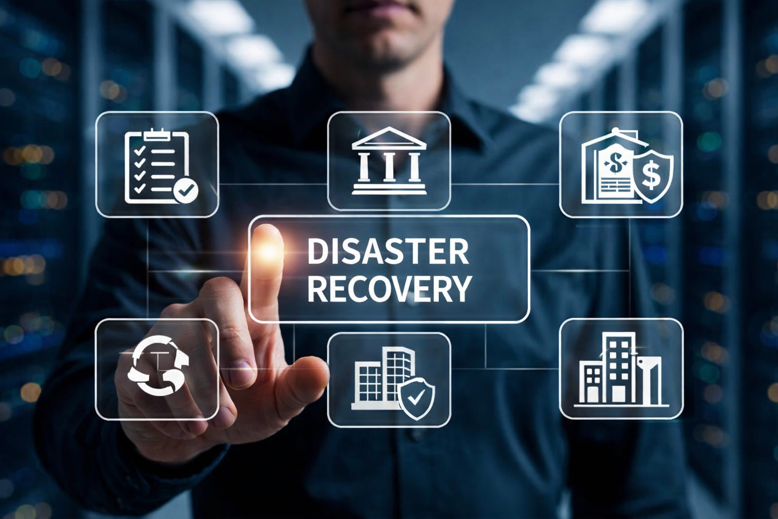 Person in a data center interacting with a digital interface displaying icons representing disaster recovery concepts such as checklists, bank, dollar bills, recycling, buildings with shield, and cityscape.
