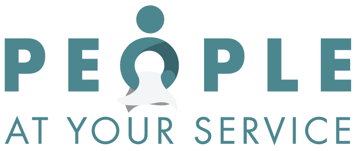 Logo with stylized human figure integrated into the word 'PEOPLE' and the text 'AT YOUR SERVICE' below