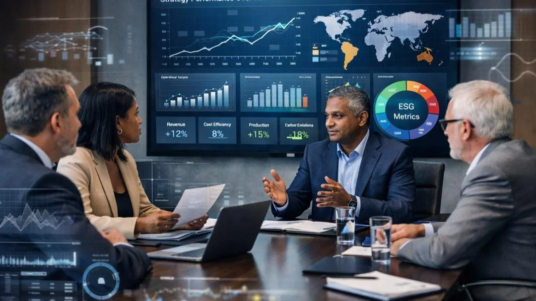 Executive leadership team discussing strategy execution and organizational performance, with digital dashboards displaying key performance indicators, operational targets, and ESG metrics.