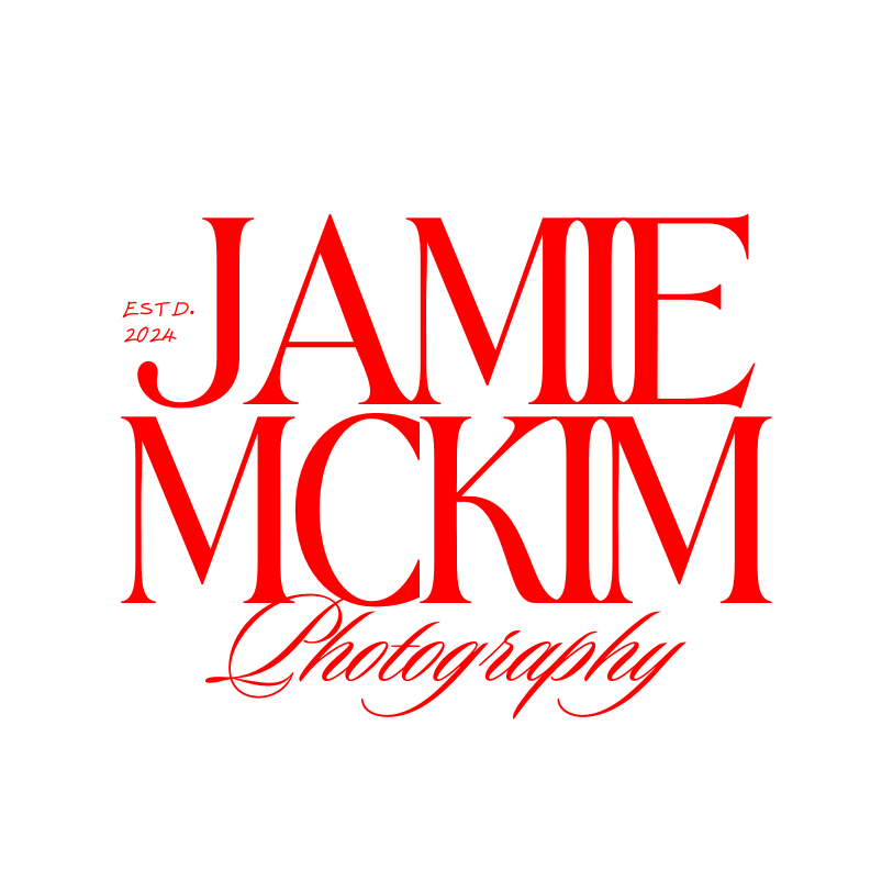 Logo for Jamie McKim Photography, featuring bold red text with the name and cursive 'Photography' underneath, and small red 'ESTD. 2024' on the left side.