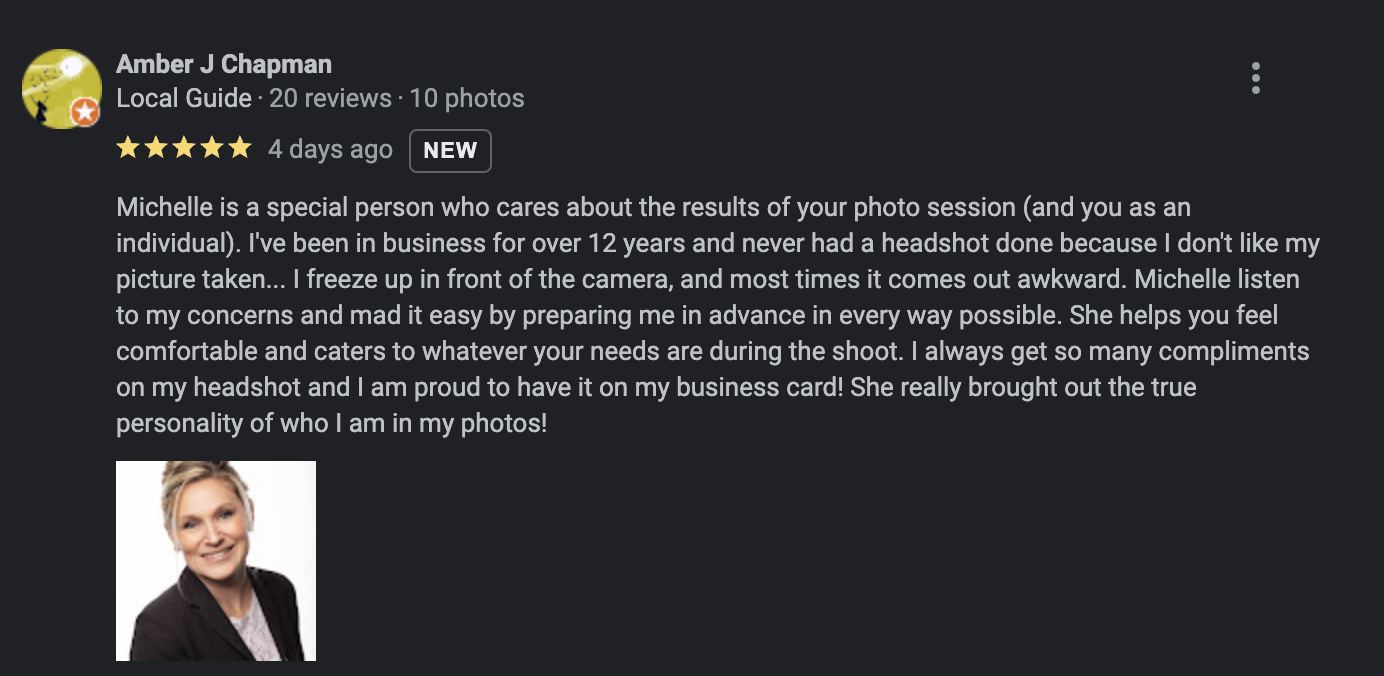 Profile review of a photographer named Michelle, featuring a headshot of a smiling woman with blonde hair wearing a blazer.