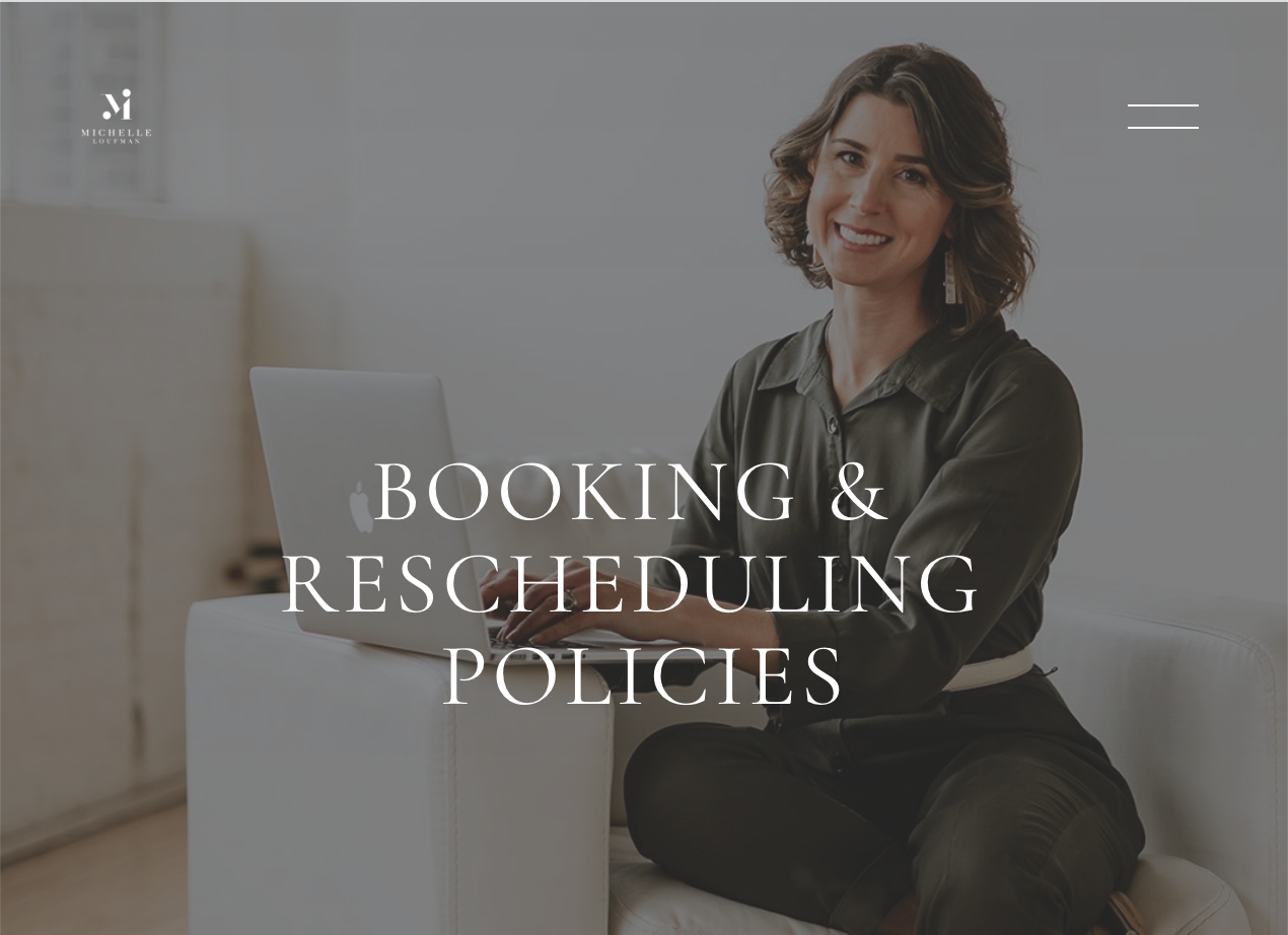 Woman sitting on a white couch with a laptop, smiling, with the text 'Booking & Rescheduling Policies' on the image.