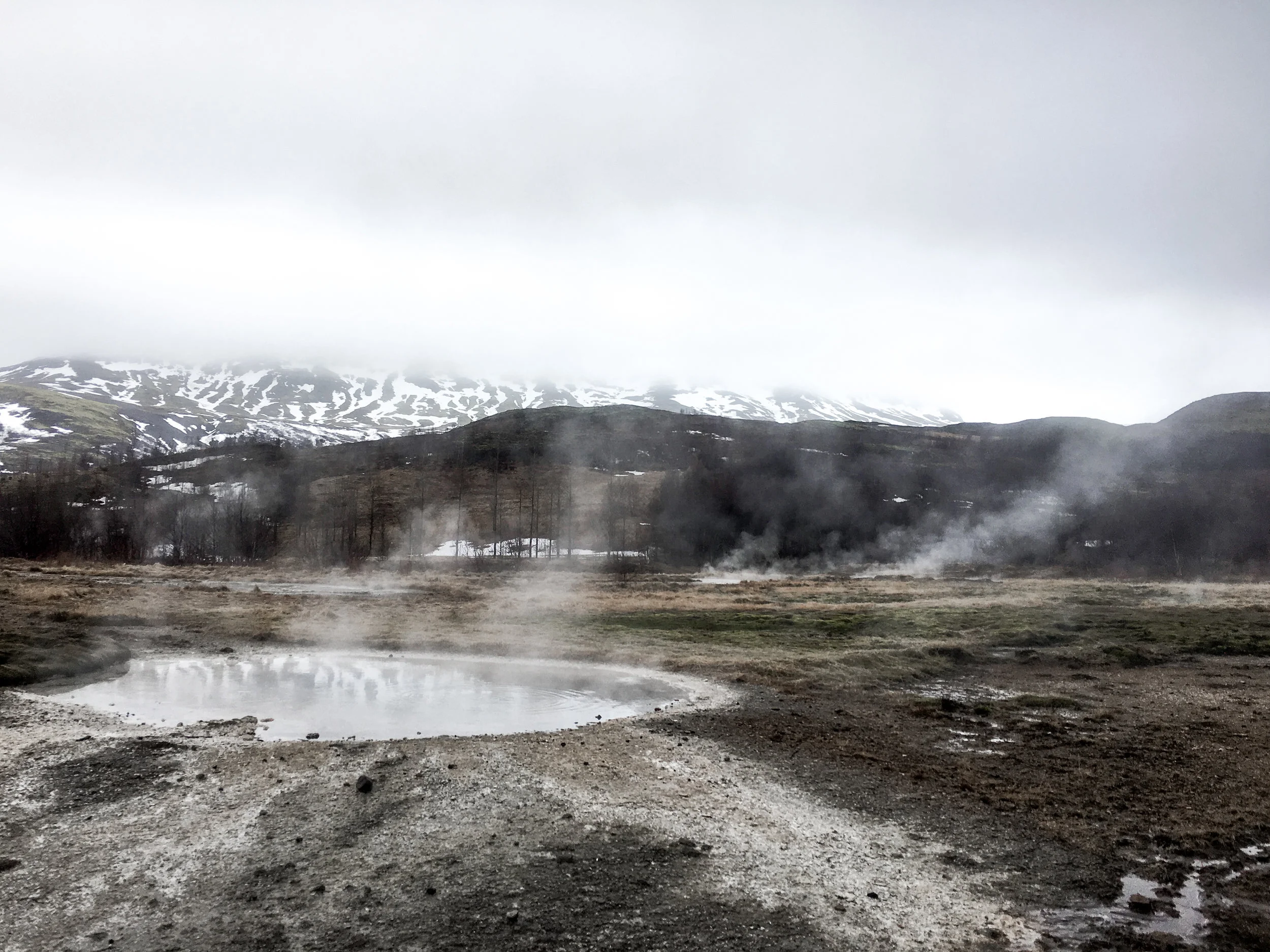 Geyser in Iceland erupting with steam and water in a geothermal area with mountains in the background and cloudy sky.