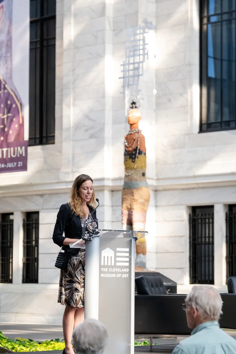 A speaker from the Cleveland Museum of Art presents a new artist exhibit