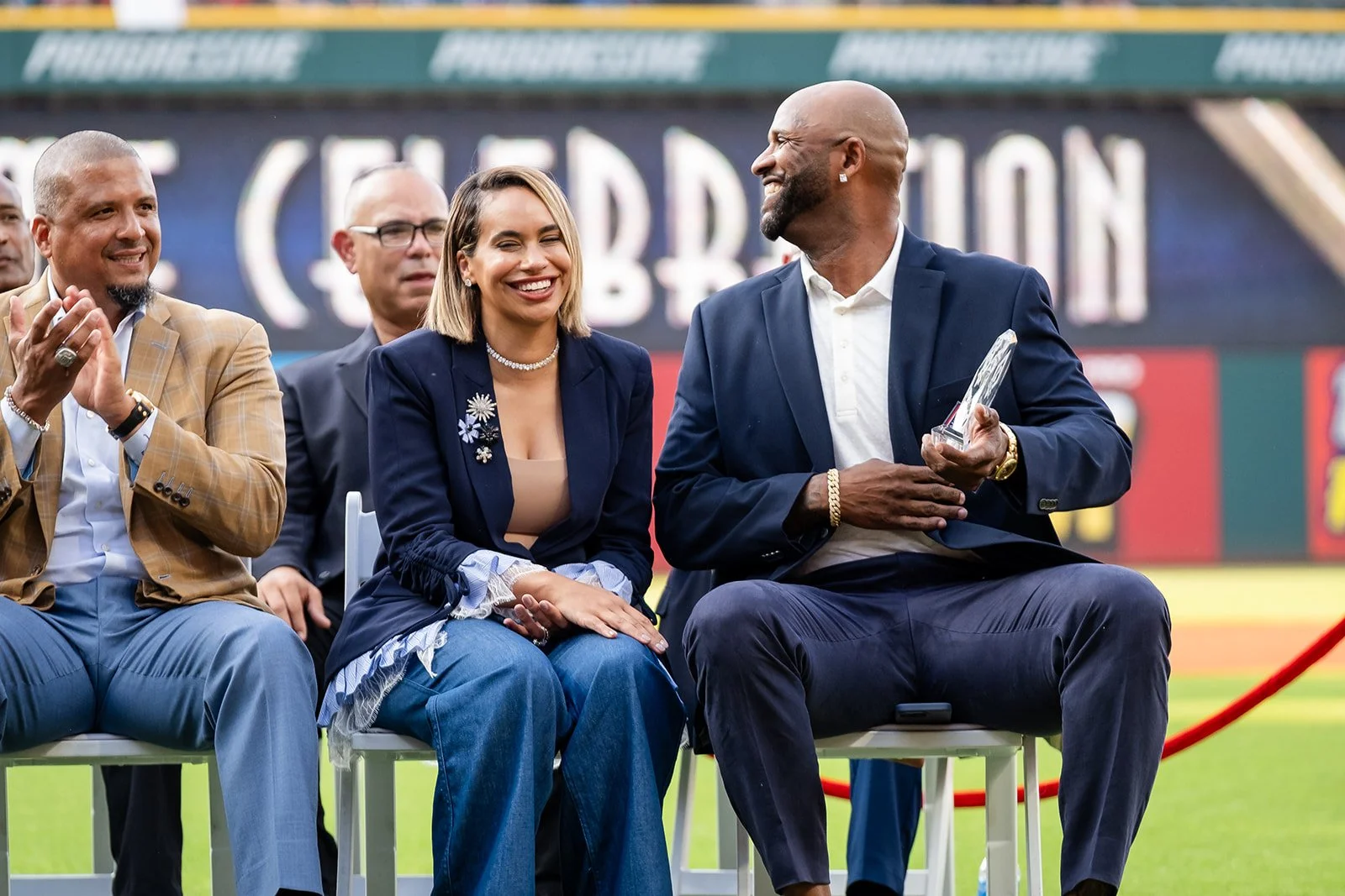 CC Sabathia smiles while accepting his Hall of Fame induction award for the Cleveland Guardians during an event