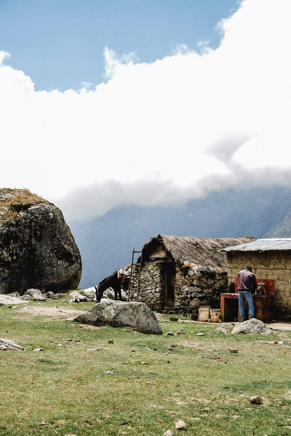 A rural scene with a stone house, a person at an outdoor sink, and a donkey on a grassy area with large rocks, mountain backdrop, and partly cloudy sky.