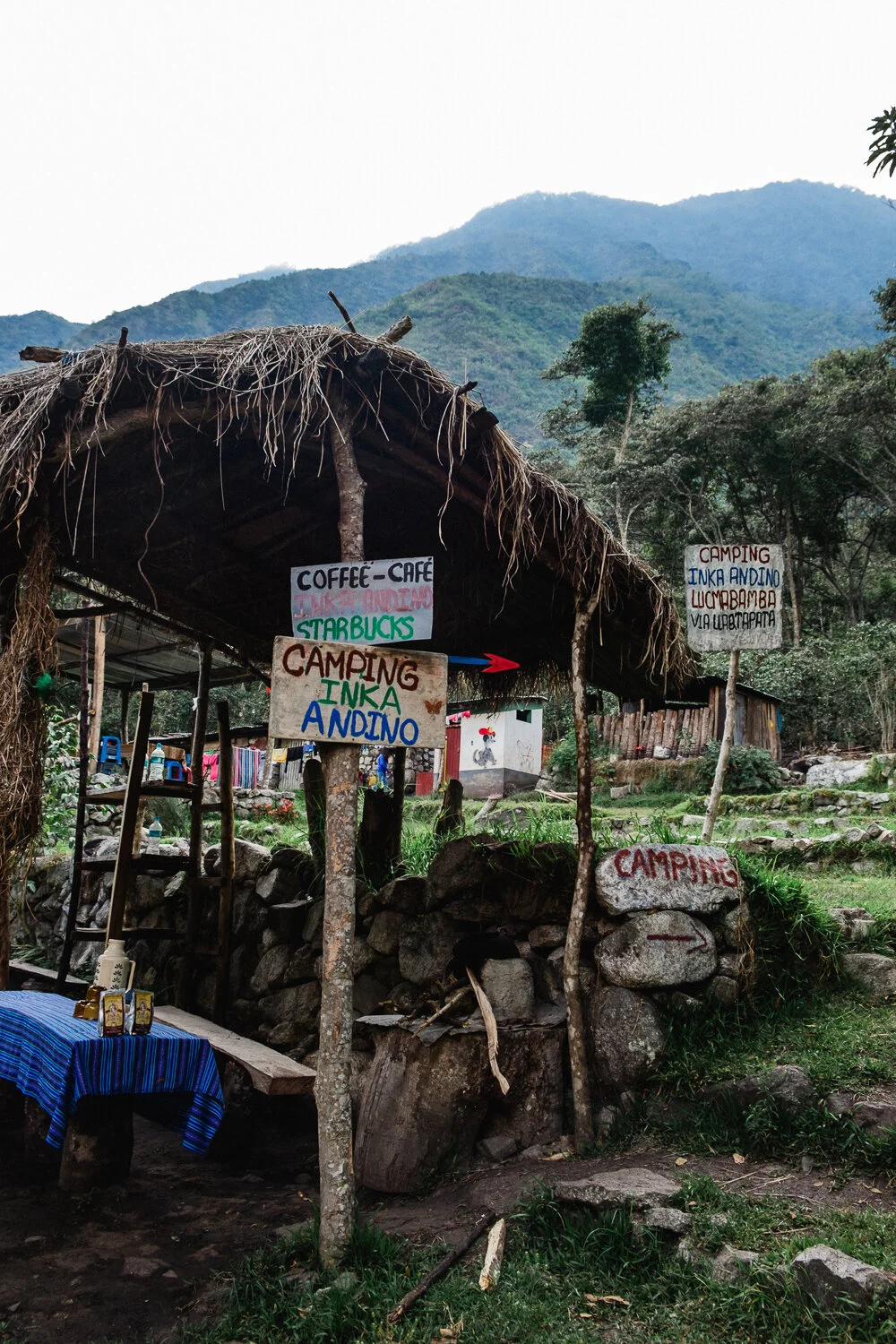 A rustic outdoor scene showing signs pointing to a coffee cafe and camping site, with a thatched roof shelter, and mountains in the background.