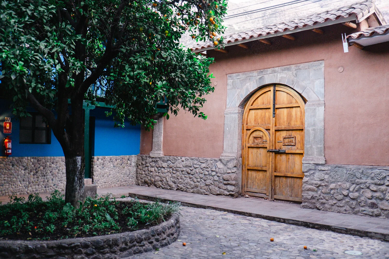 A rustic courtyard with cobblestone pavement, a large green citrus tree with yellow fruits, and a tan house with a wooden arched door, stone accents, and a tile roof.