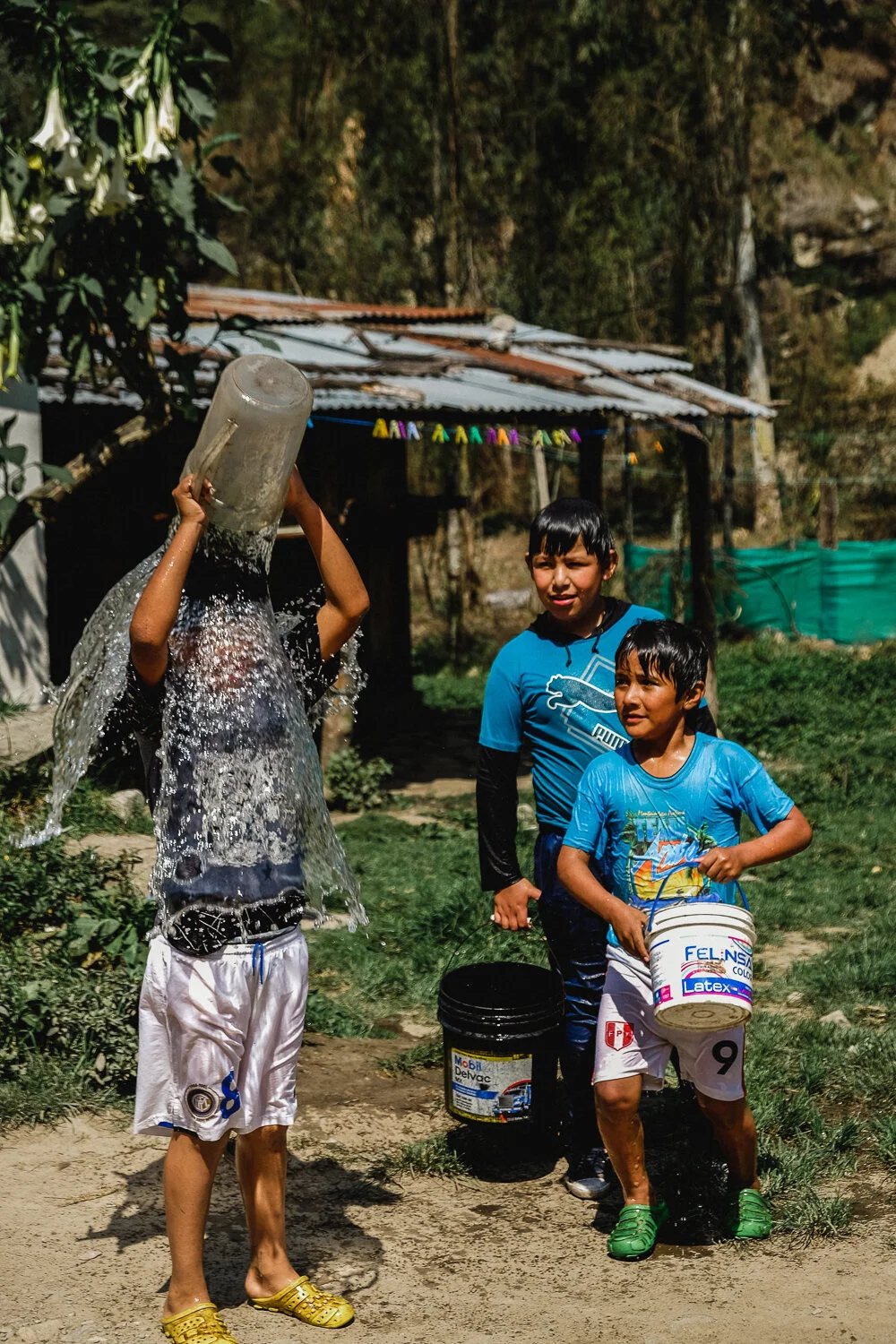 Three children playing outside, with one child pouring water over another's head using a large container, while the other two children stand nearby holding buckets.
