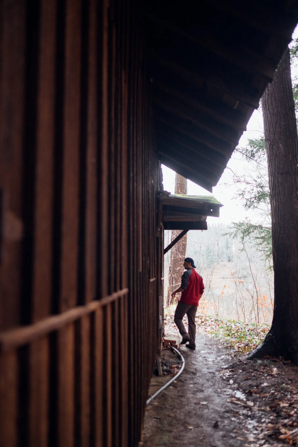 A person wearing a red jacket and dark blue hat stands outside near a wooden structure in a wooded area during overcast weather.
