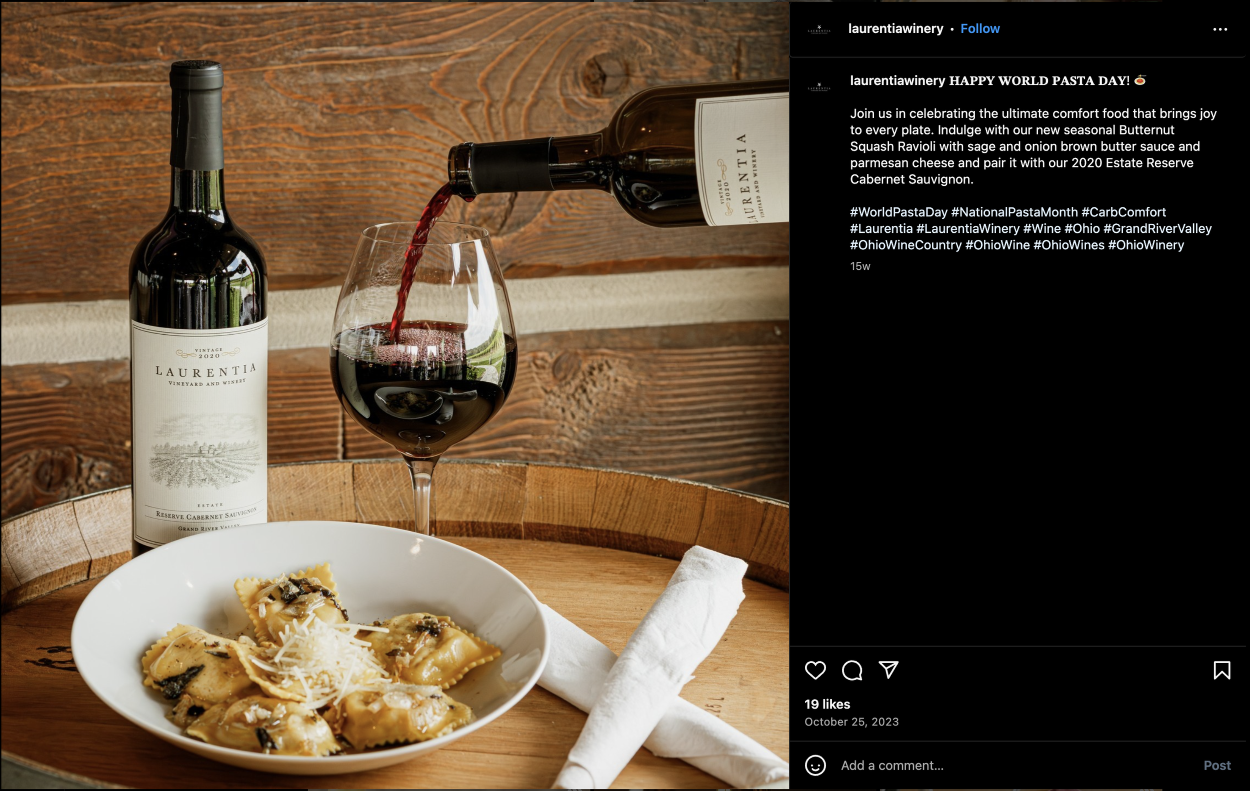 Wine and pasta at an Ohio winery