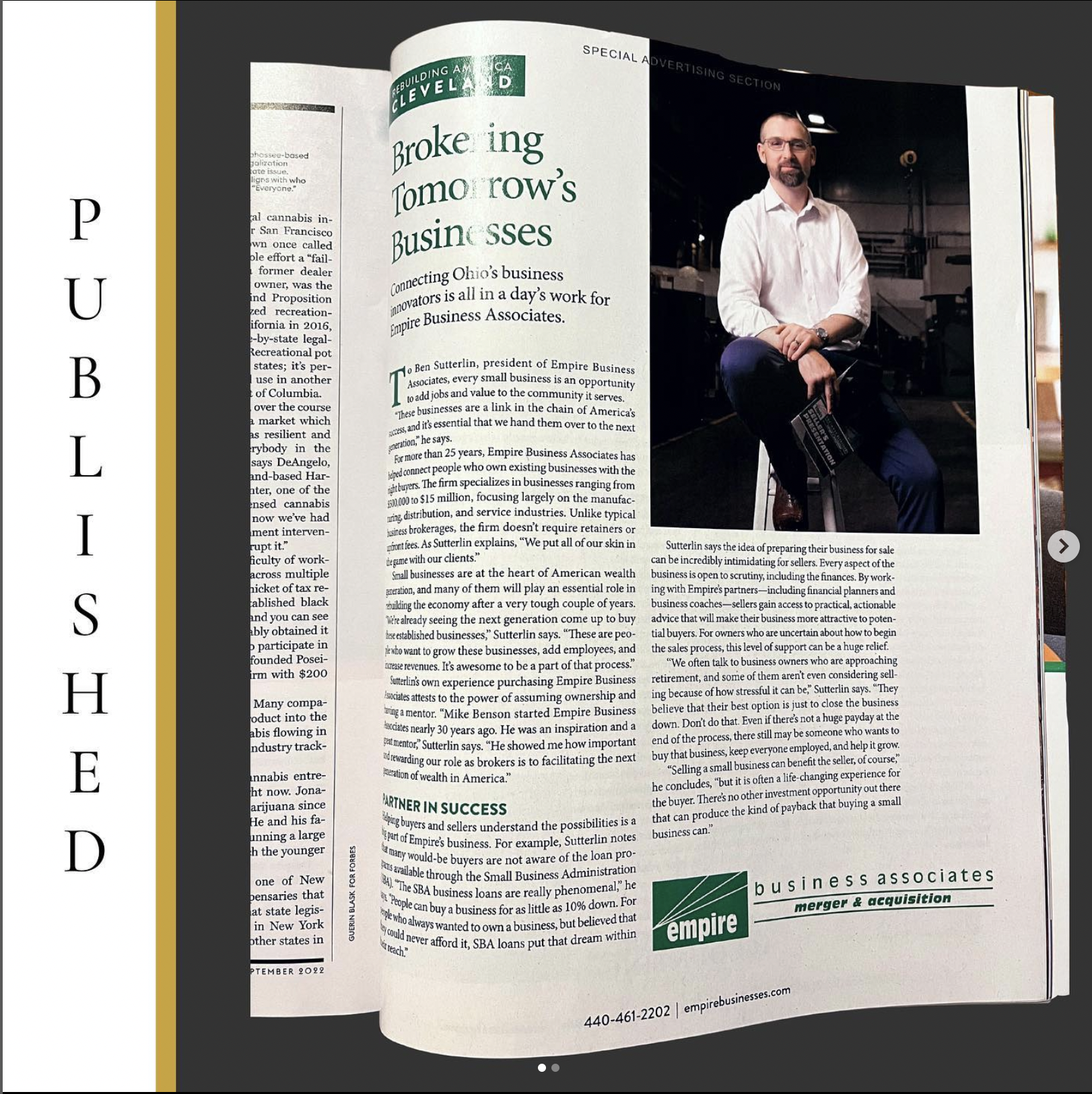 Open magazine article titled 'Breaking Tomorrows Business'. The right page shows a man in a white shirt sitting in a dark industrial setting. The bottom has a green Empire Business Associates logo with the text 'merger & acquisition' and a phone numb