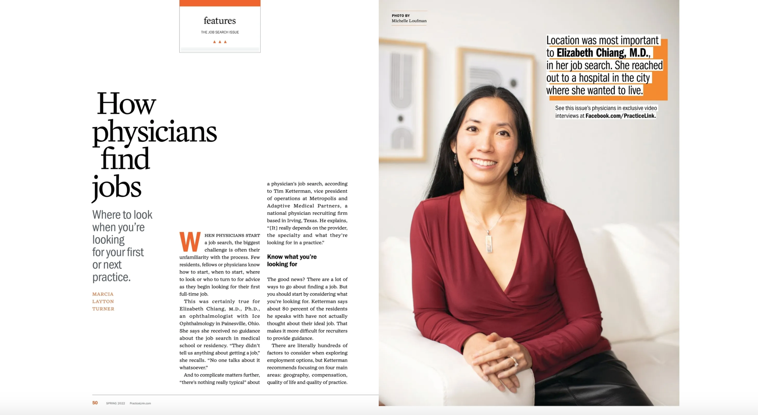 A magazine article page titled "How physicians find jobs" featuring a smiling woman with long black hair, wearing a red top, sitting on a white couch in an indoor setting with framed pictures on the wall behind her.