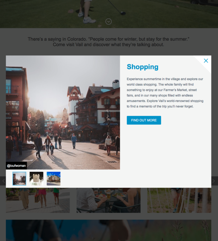 A virtual travel promotional pop-up showing a street scene in a village with people walking and colorful buildings, with a text overlay about shopping and exploring Vail.