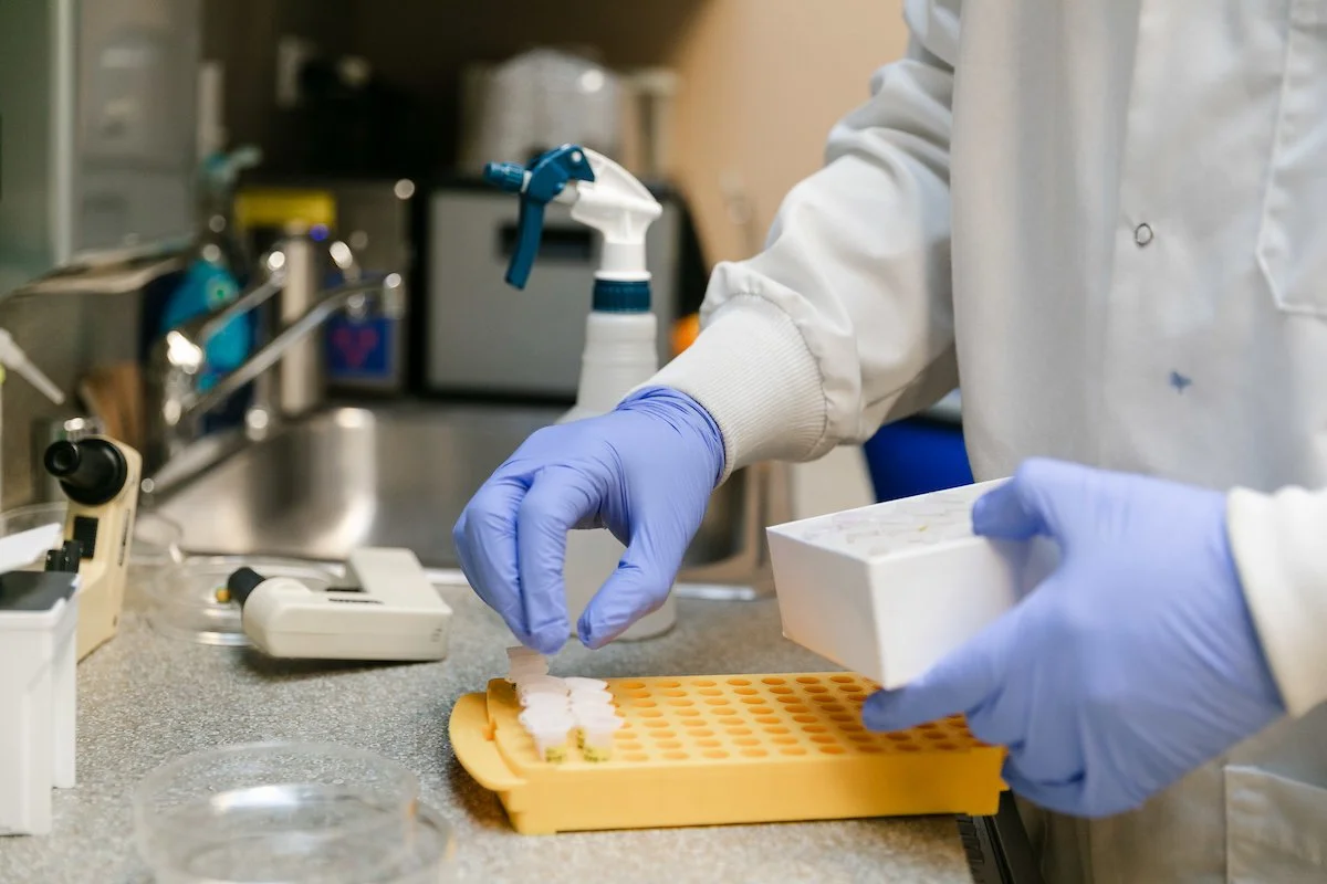 Close-up of a laboratory technician's gloved hands handling small test tubes and placing samples into a yellow rack for scientific analysis in at SageMedic.