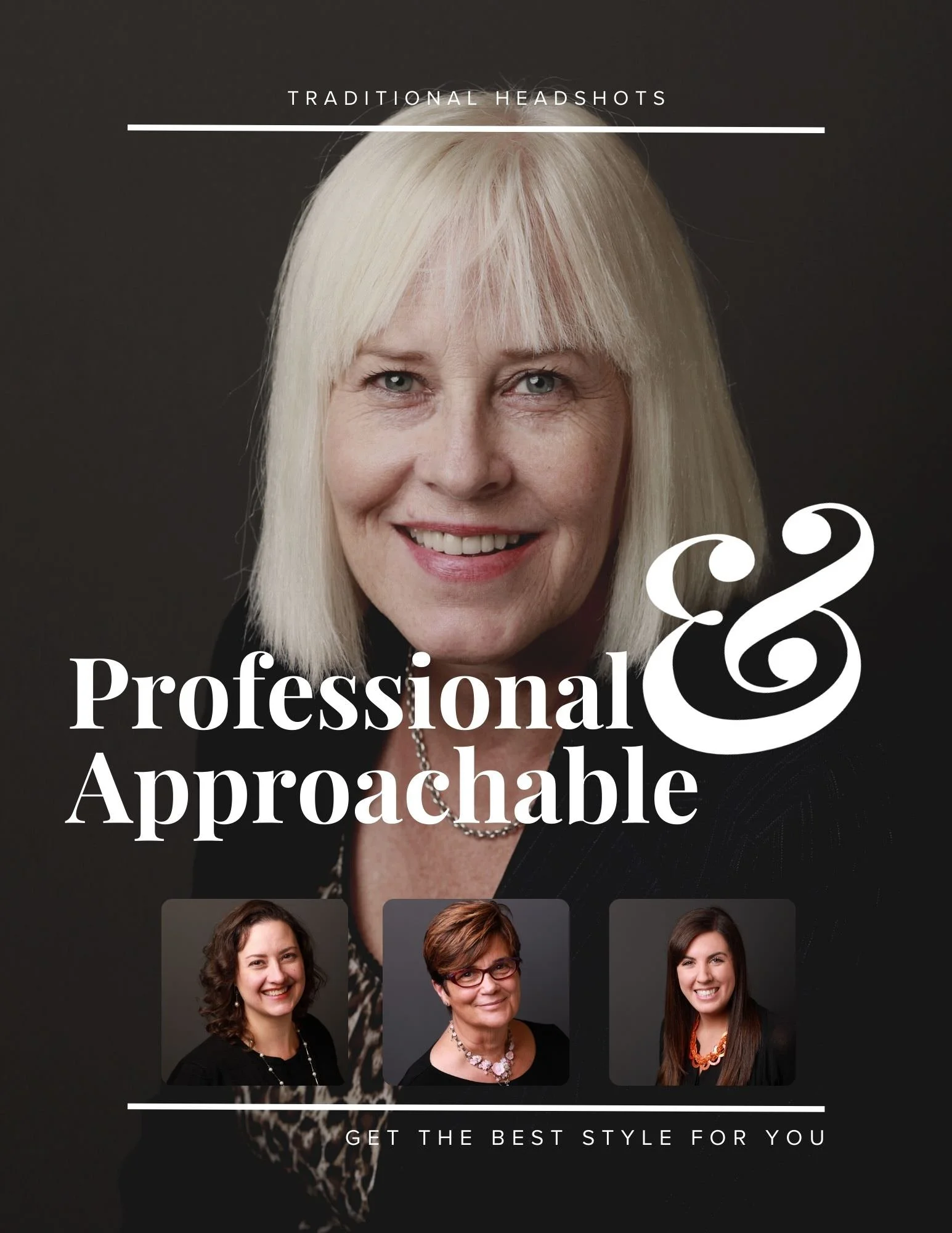 A collage of photos on a magazine cover mockup showcase the varying poses and styles for traditional headshot options.