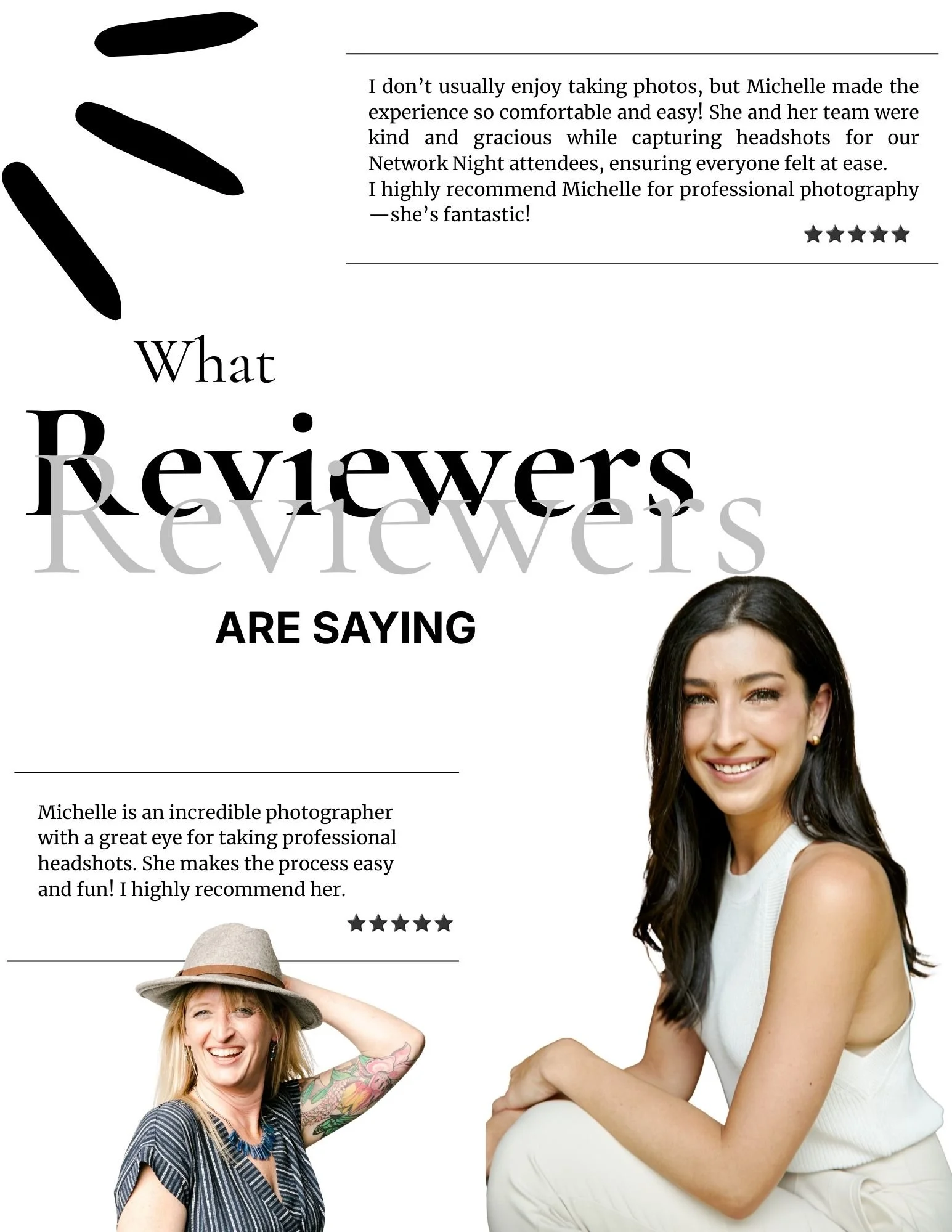A promotional flyer for Michelle Loufman, a professional photographer, featuring images of two women, one with long dark hair and the other with blonde hair and tattoos, along with text describing her photography services and reviews.