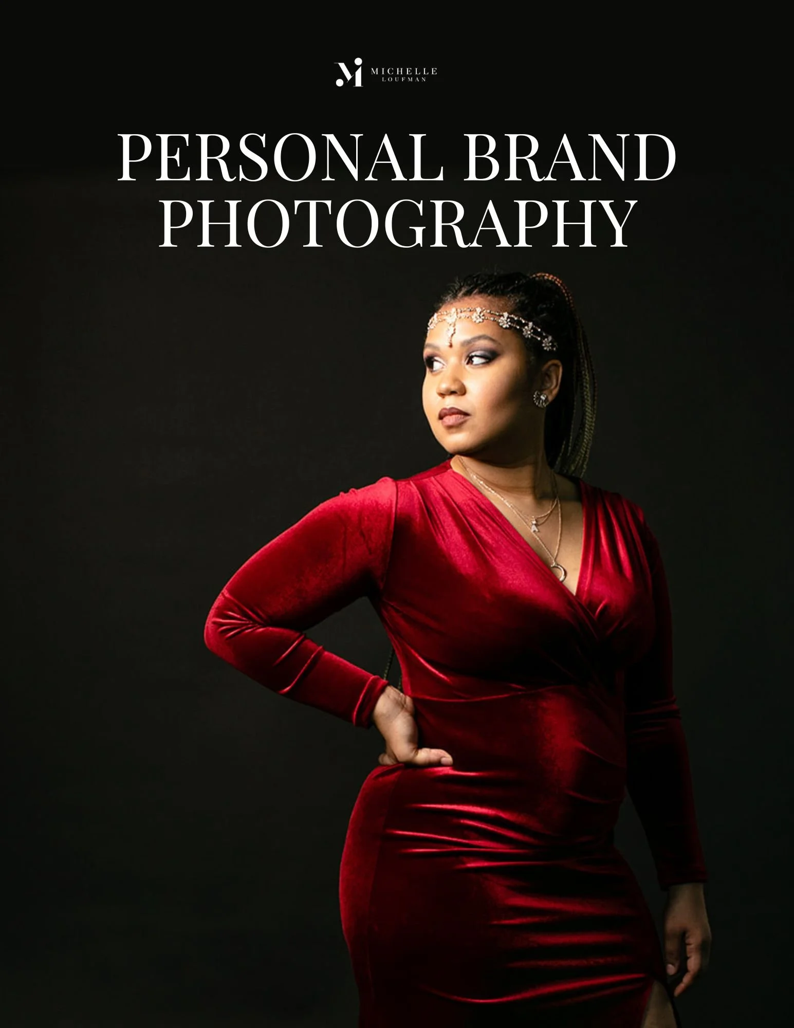 A black woman wearing a velvet red dress and a bejeweled headband is featured on the cover of a flyer promoting personal brand photography packages
