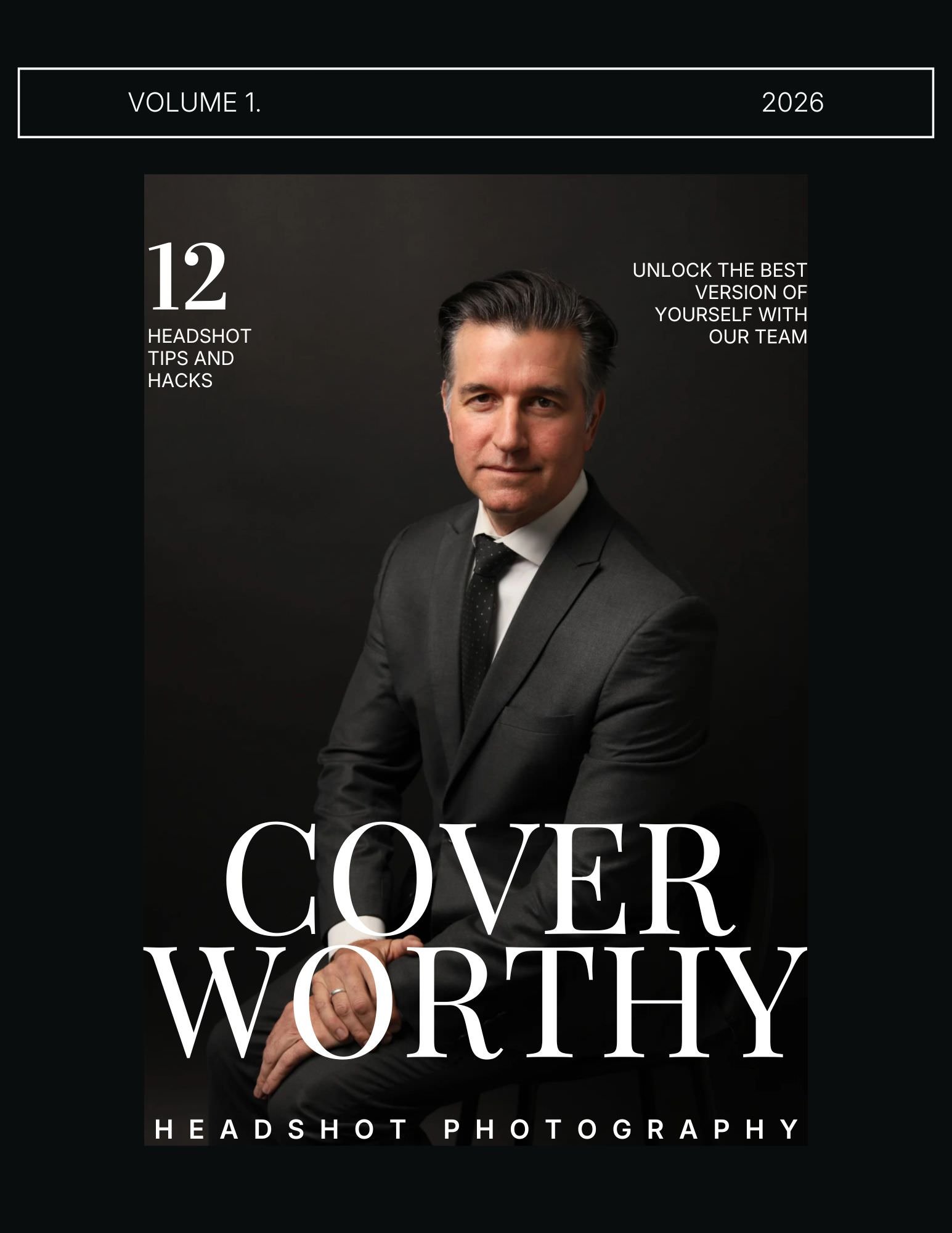 A magazine cover mockup features a well-dressed man with dark hair and wearing a dark grey suit, seated and posing for his corporate headshot.